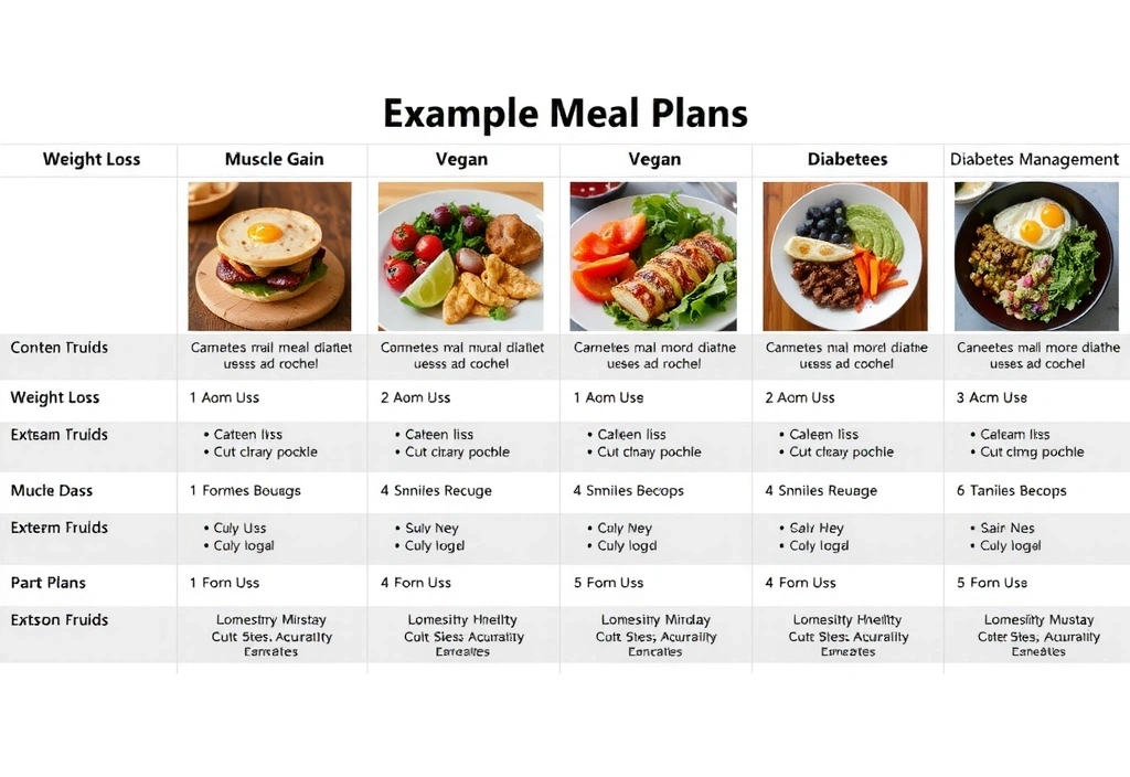Tisch mit verschiedenen Beispiel-Ernährungsplänen für unterschiedliche Ziele