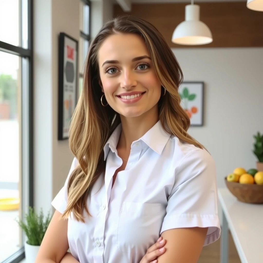 Ein Porträt einer freundlichen, professionellen Ernährungsberaterin in einem modernen Büro.